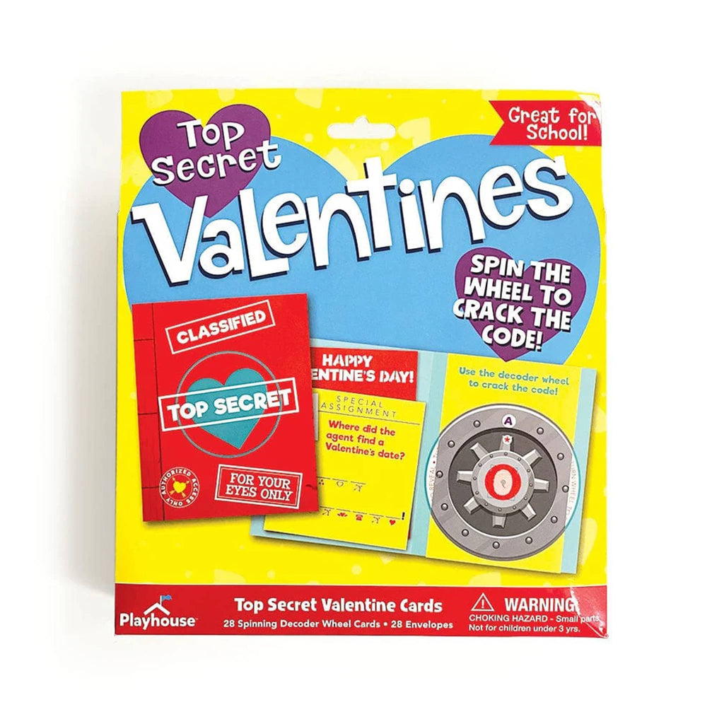 Playhouse Top Secret Decoder valentine cards for kids, in box packaging, front view.