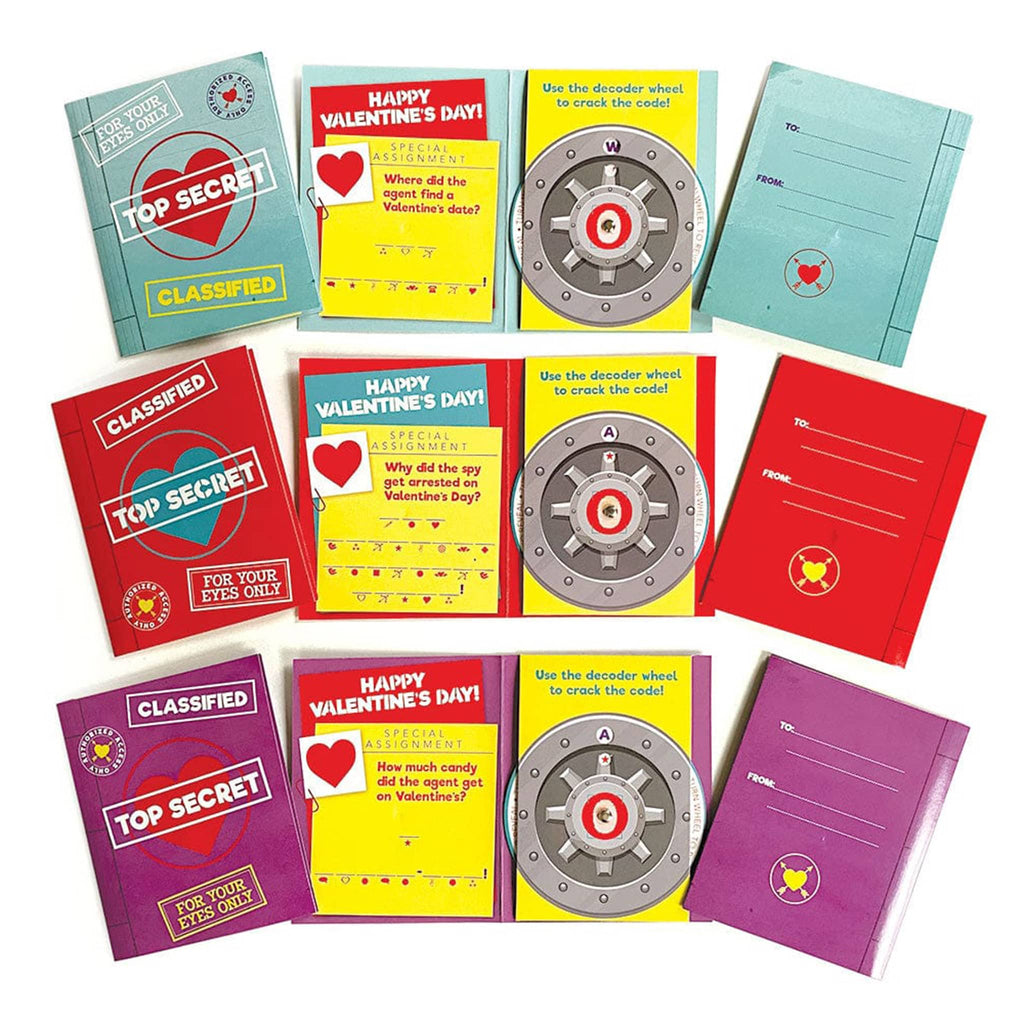 Playhouse Top Secret Decoder valentine cards for kids, front, inside and back shown for all 3 card styles.