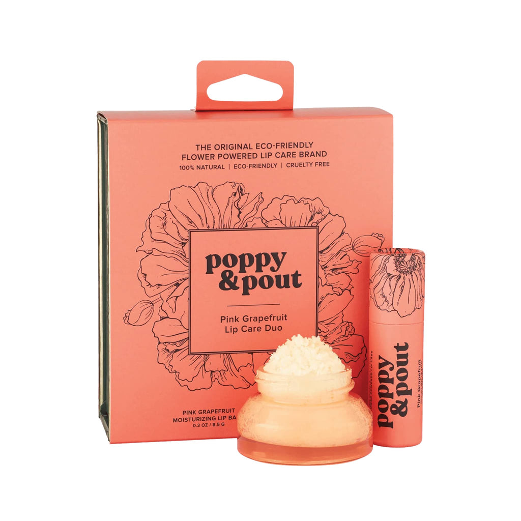 Poppy & Pout Pink Grapefruit Lip Care Duo, box front view with products.