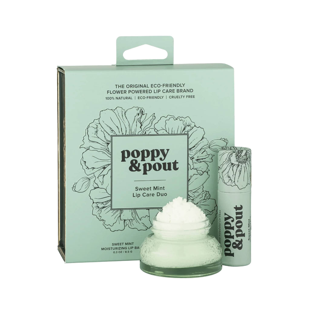 Poppy & Pout Sweet Mint Lip Care Duo, box front view with products.