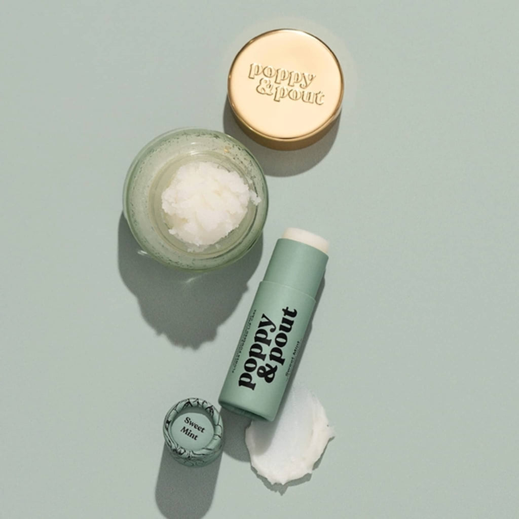 Poppy & Pout Sweet Mint Lip Care Duo, contents with product swipes on a mint green background.