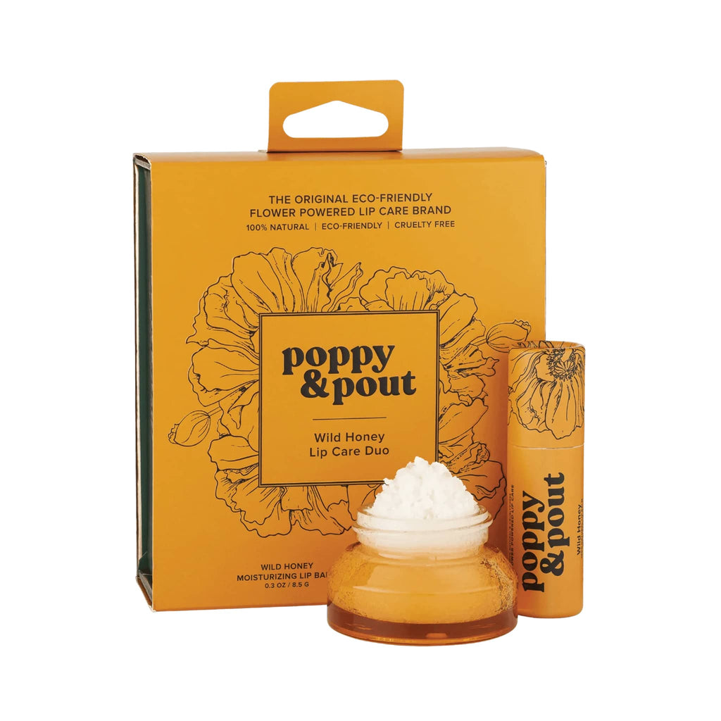 Poppy & Pout Wild Honey Lip Care Duo, box front view with products.