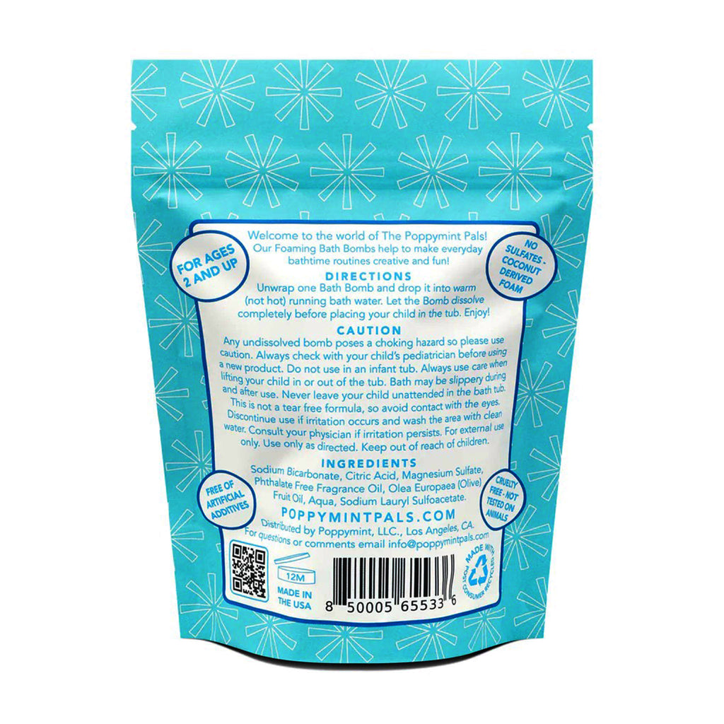 Back of a blue packaging with text and graphics on a white background.