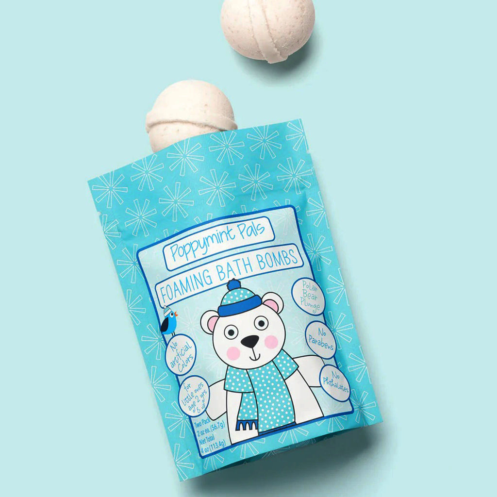 Poppymint Pals foaming bath bombs packaging with a polar bear illustration on a light blue background.