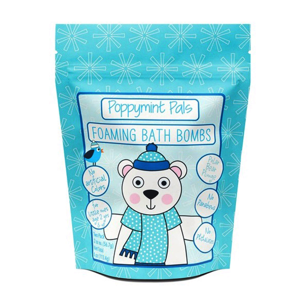 Packaging of Poppymint Pals Foaming Bath Bombs with a polar bear design on a blue background, front view, on a white background.