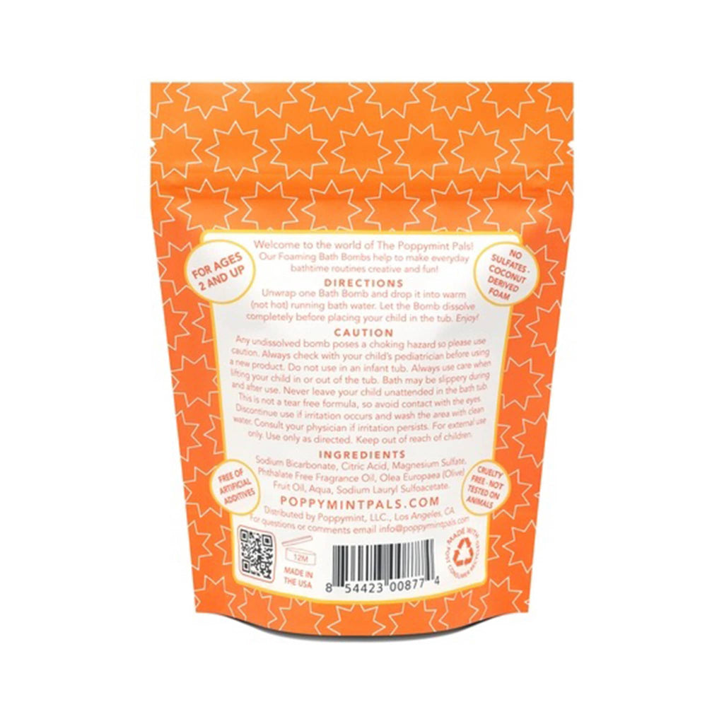 Packaging of Poppymint Pals pumpkin spice scented foaming bath bombs, back of packaging on a white background.