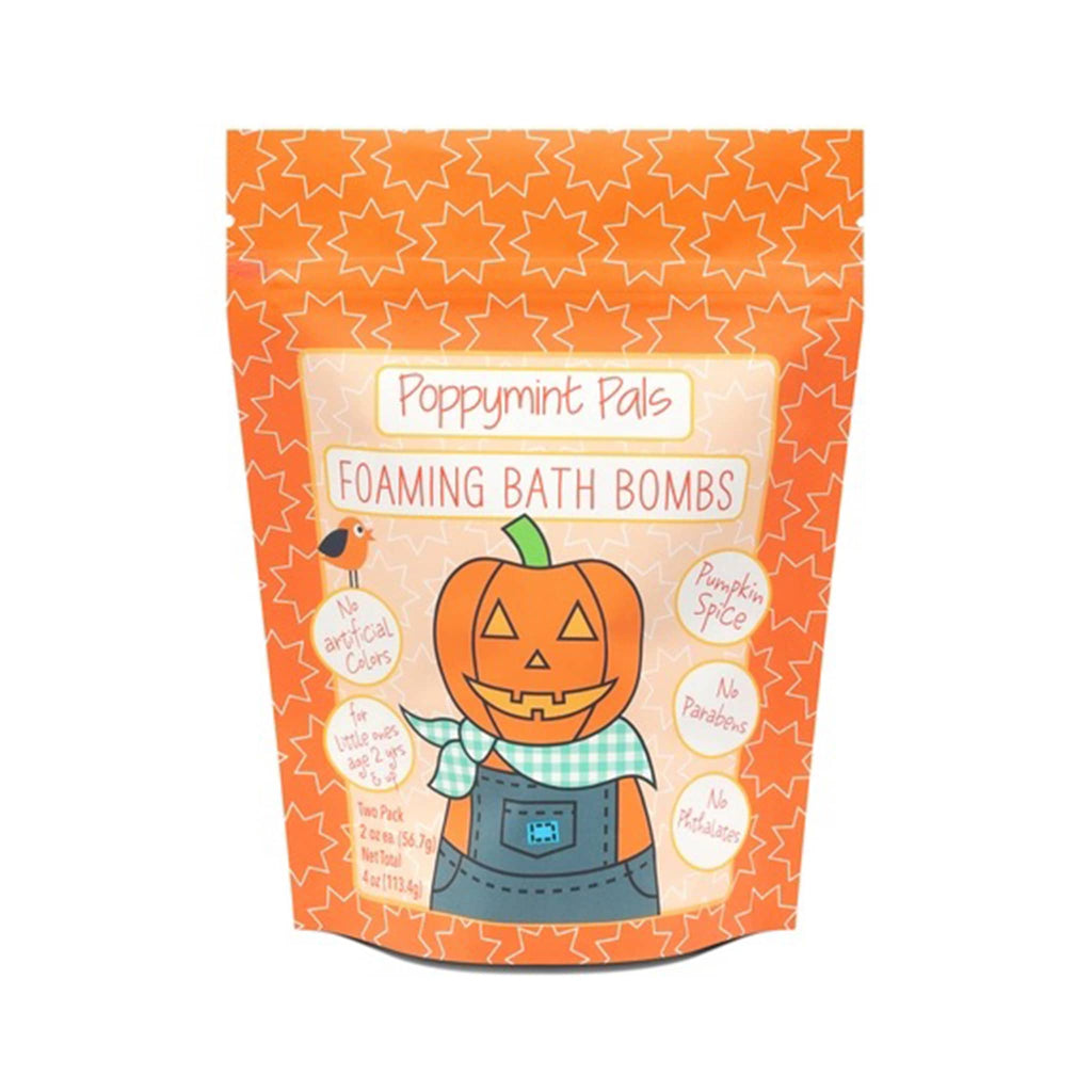 Packaging of Poppymint Pals pumpkin spice scented foaming bath bombs with a pumpkin character, front view, on a white background.