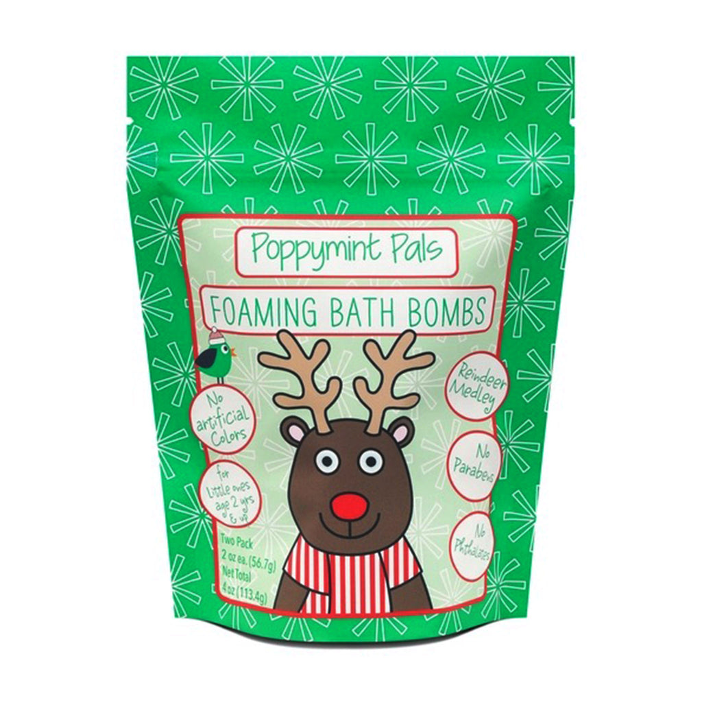 Poppymint Pals foaming bath bombs packaging with a reindeer illustration on a green background, front view, on a white background.