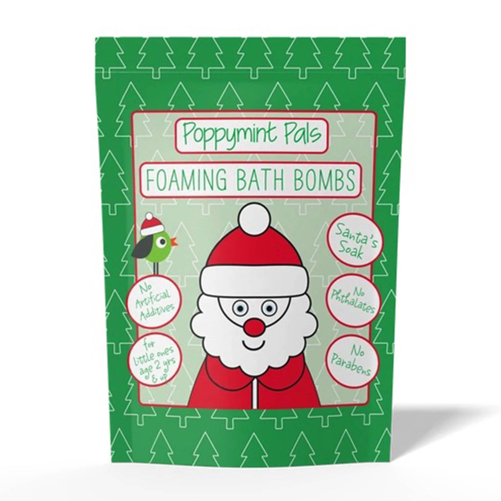 Packaging of Poppymint Pals Foaming Bath Bombs with Santa Claus design on a green background, front view, on a white background.