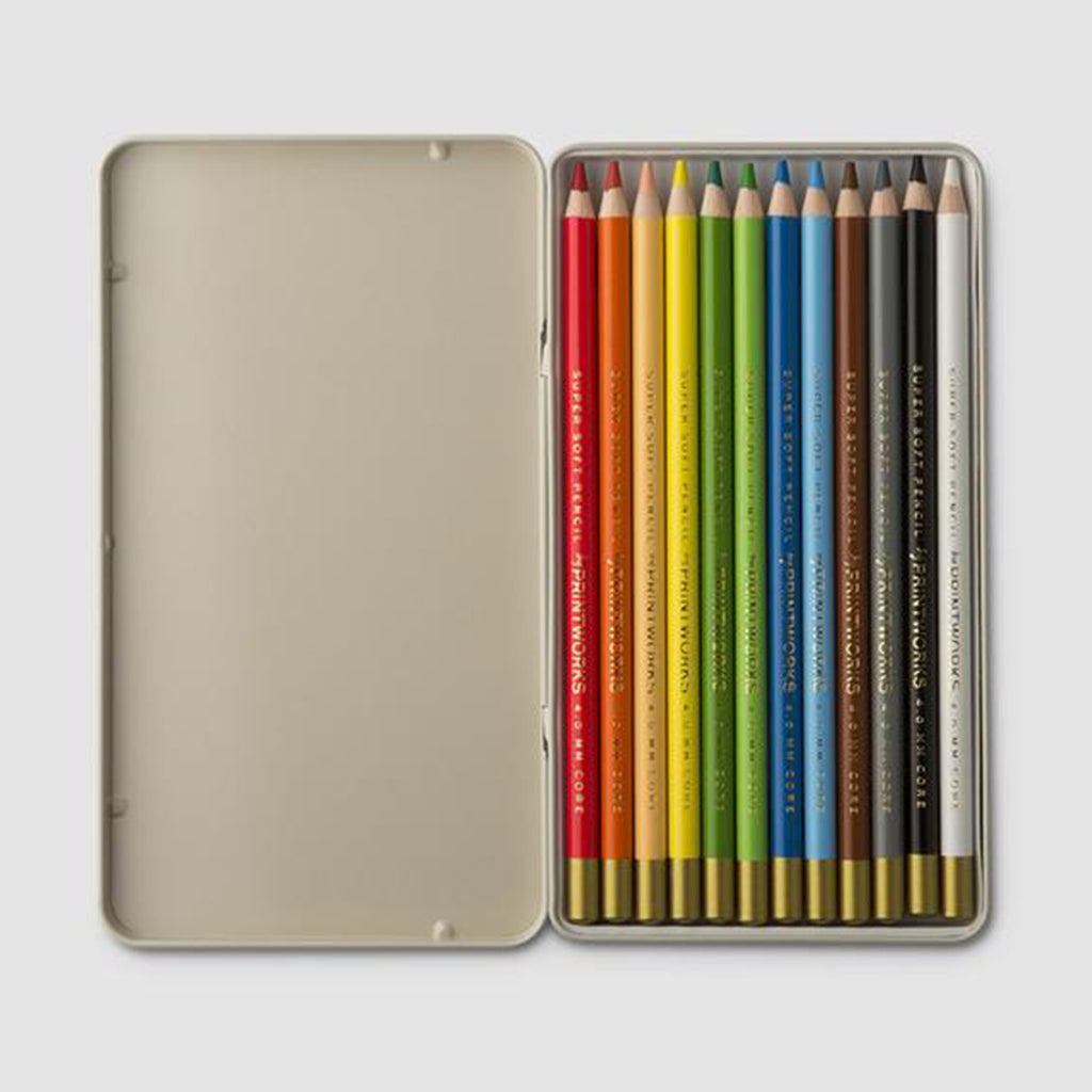 Printworks set of 12 Class Color Pencils in tan tin packaging, lid open to show pencils inside.