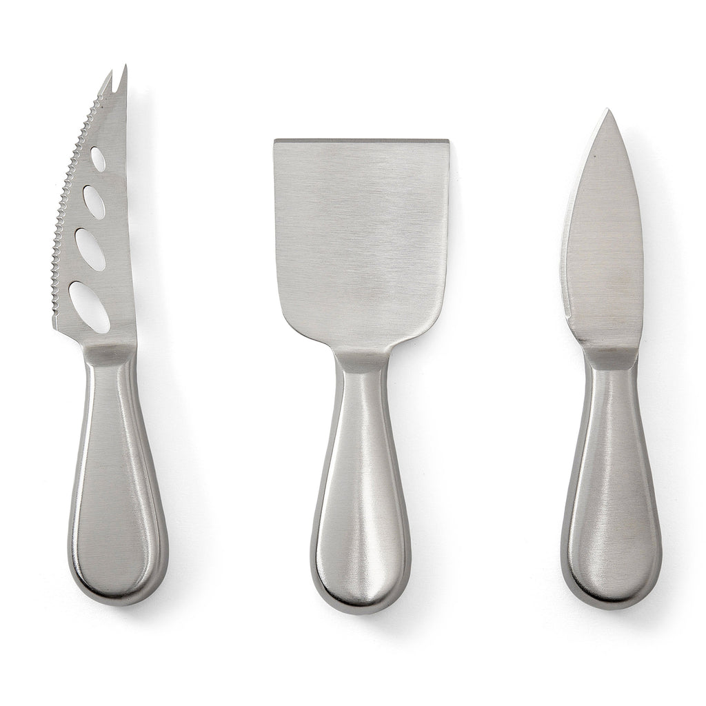 Printworks The Essentials Cheese Tools for Cheese Lovers, set of 3 stainless steel cheese knives on white background.