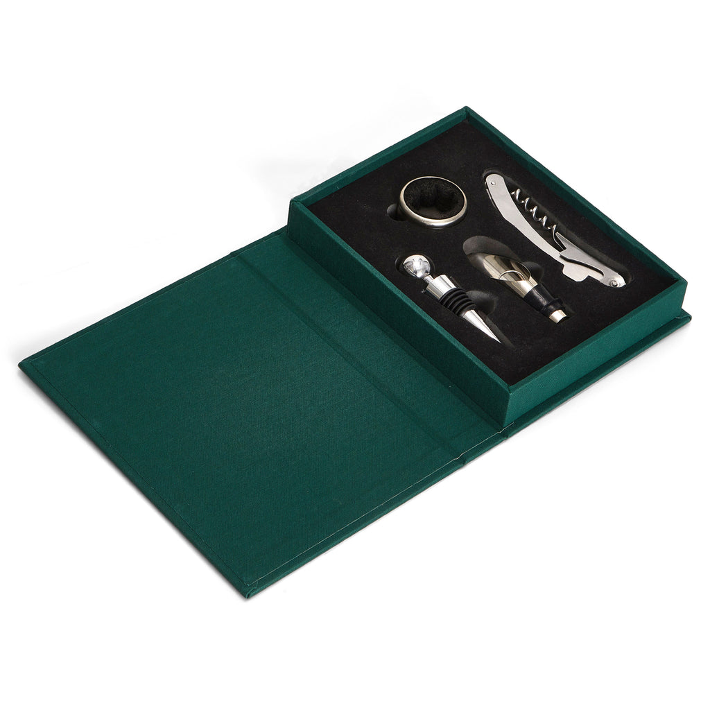 Printworks The Essentials Sommelier Tools for Wine Lovers, set of 3 stainless steel wine tools in green book box packaging, open to show tools inside resting on matte black background.
