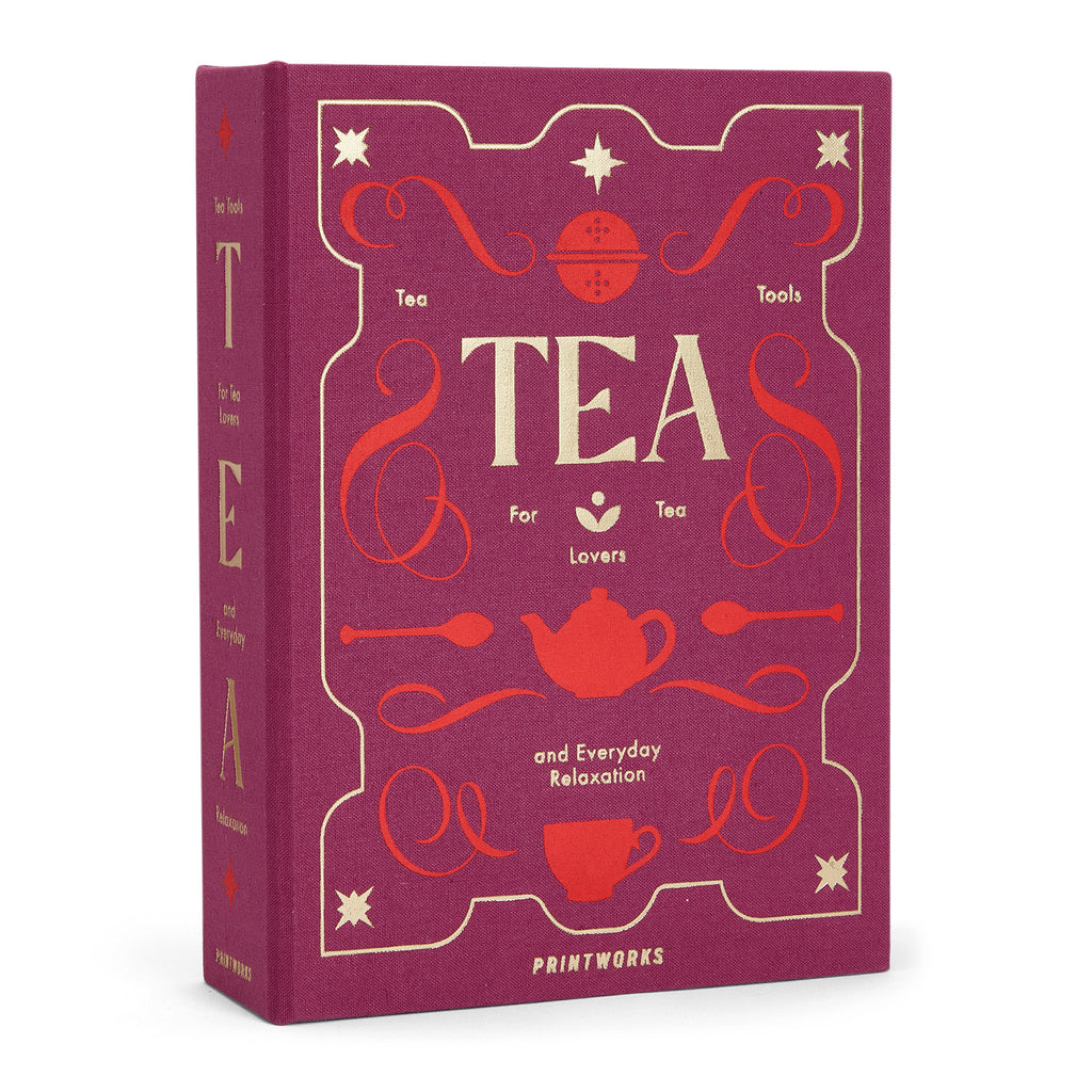 Printworks The Essentials Tea Tools for Tea Lovers, set of 3 stainless steel tools in red book box packaging, front and side angle view.