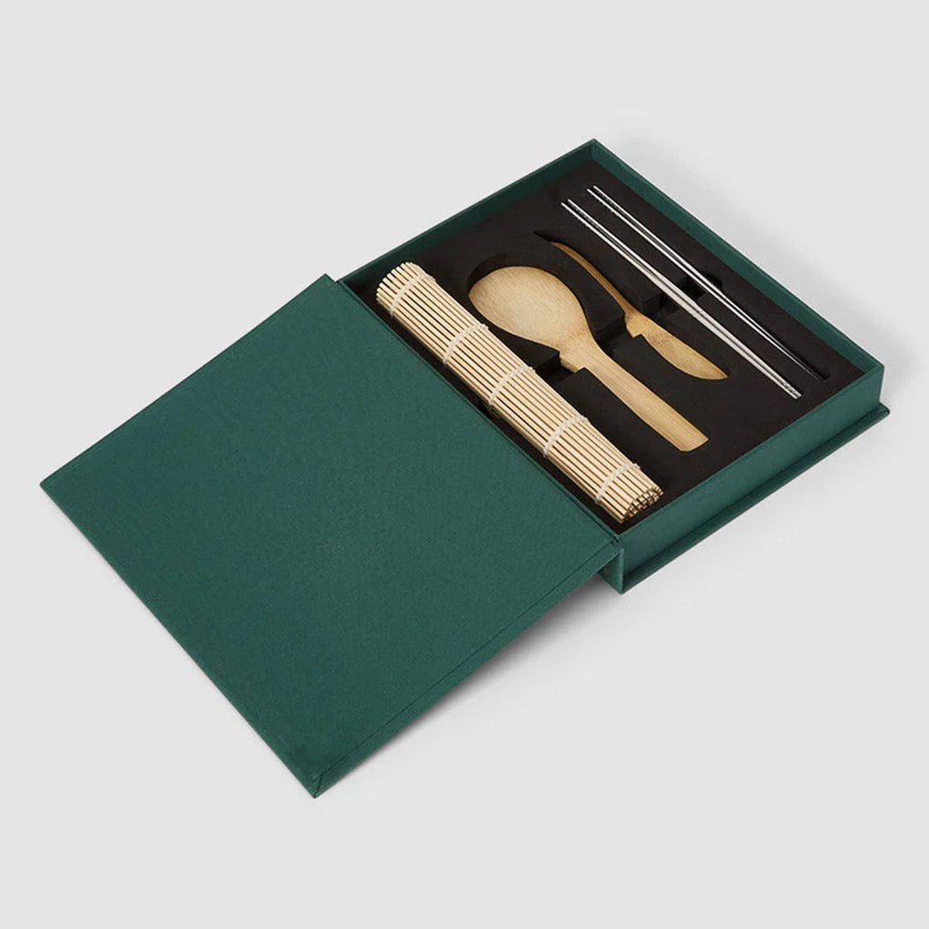 Printworks The Essentials Sushi Tools Kit in green book box packaging, open with tools inside.