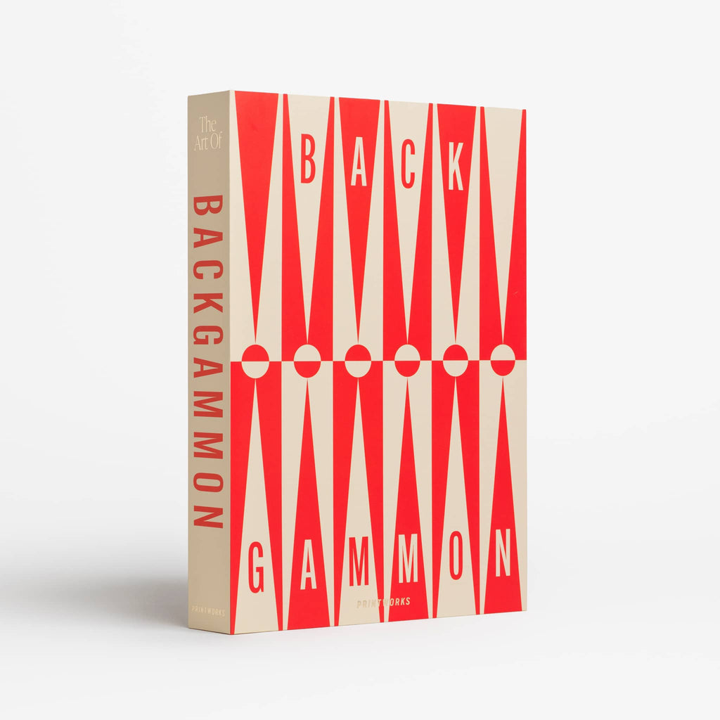 Backgammon game box with red and cream design on a white background.