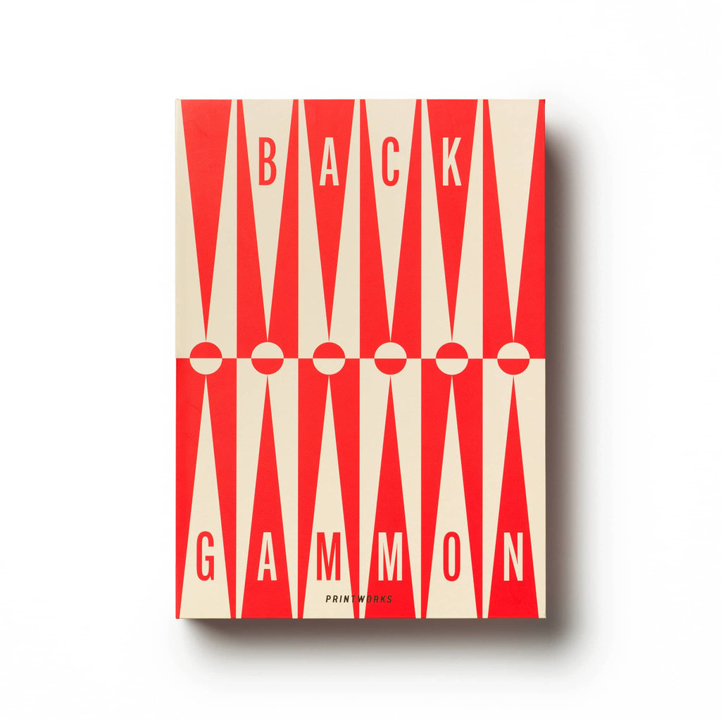 Backgammon game box with red and cream design on a white background.
