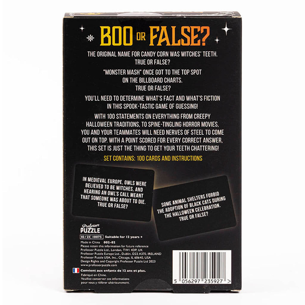 Professor Puzzle Boo or False Spooky Fact-Seeking Game in box packaging, back view.