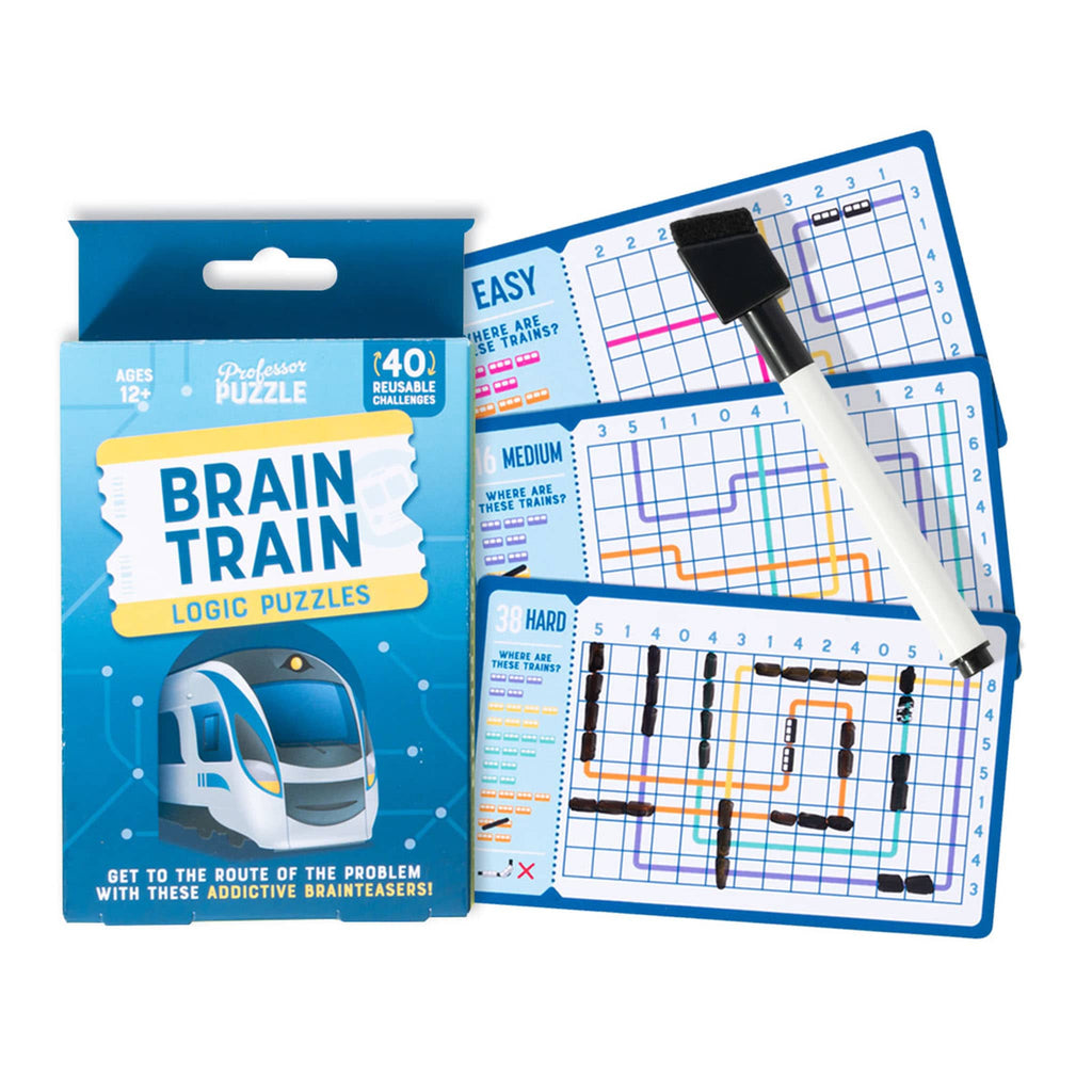 Professor Puzzle Brain Train Logic Puzzles in box packaging with sample cards and dry wipe pen.