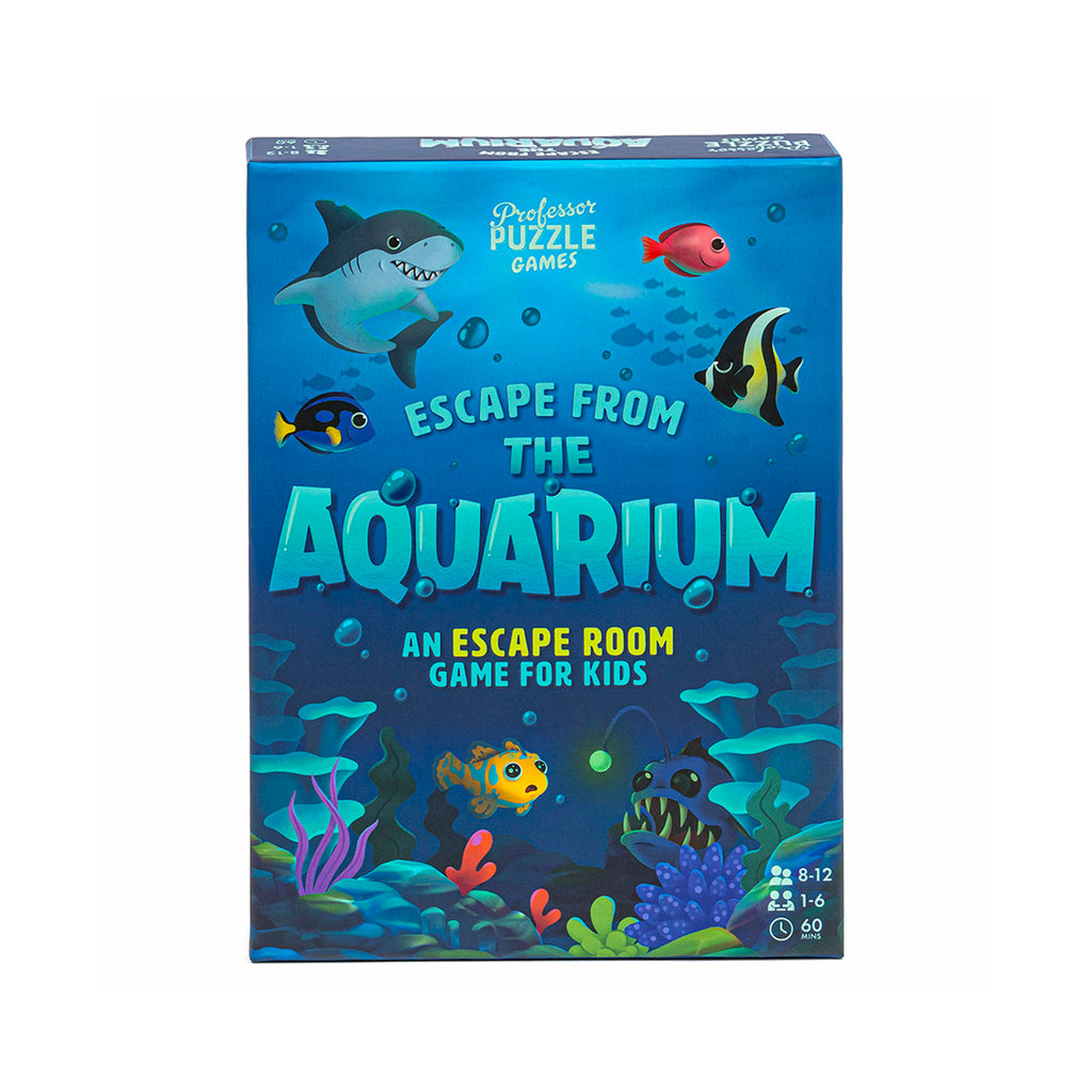 Professor Puzzle Escape from the Aquarium, an escape room game for kids, box packaging front.