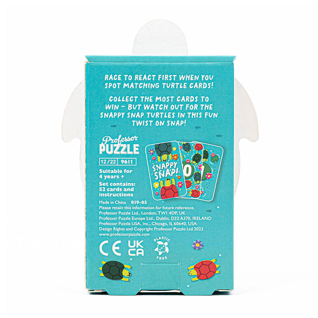 Professor Puzzle Snapping Turtles kids card game in box packaging that looks like a turtle, back view with game info and sample cards shown.