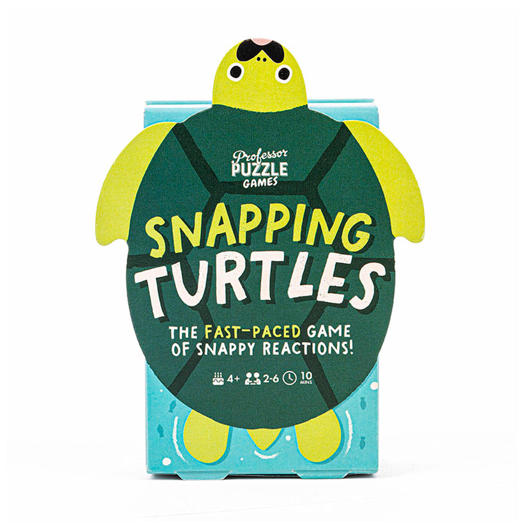 Professor Puzzle Snapping Turtles kids card game in box packaging that looks like a turtle, front view.