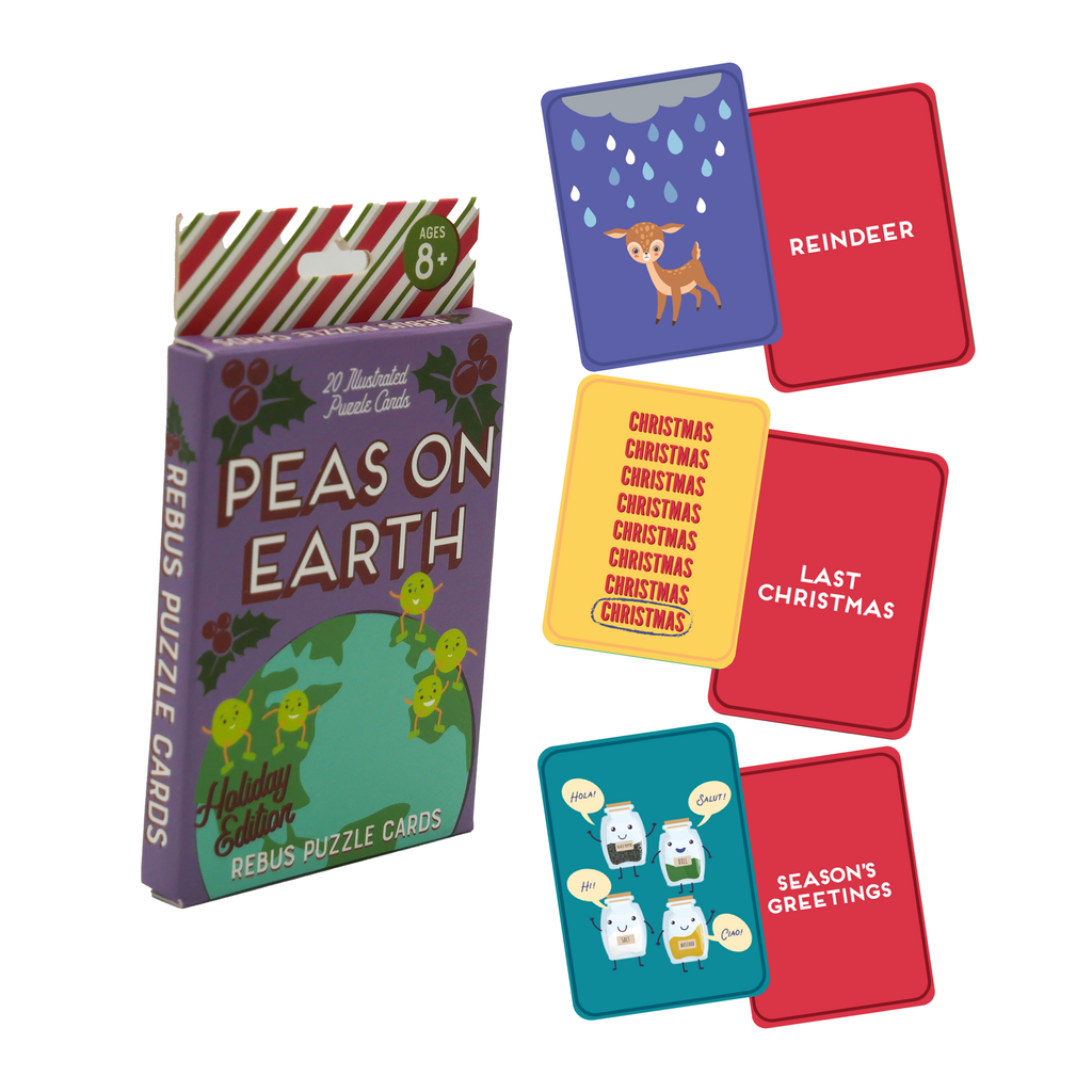 project genius peas on earth puzzle cards in box packaging, front angle view with sample cards.