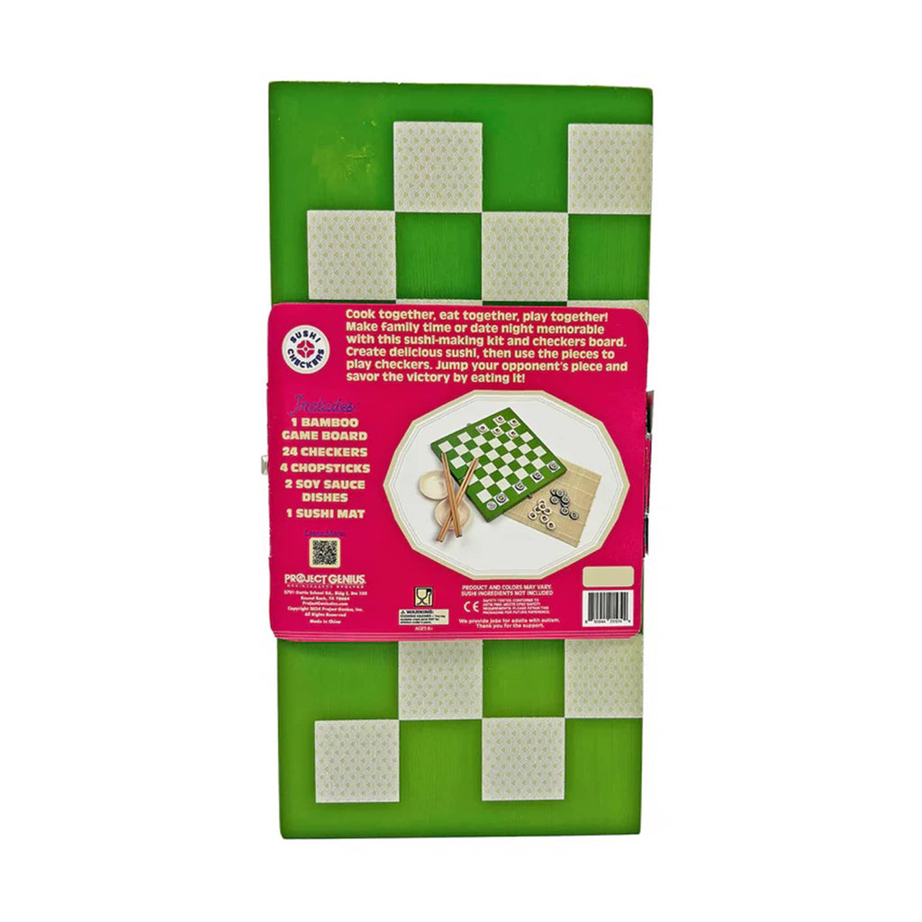 Project Genius Sushi Checkers game, board box packaging, back view.