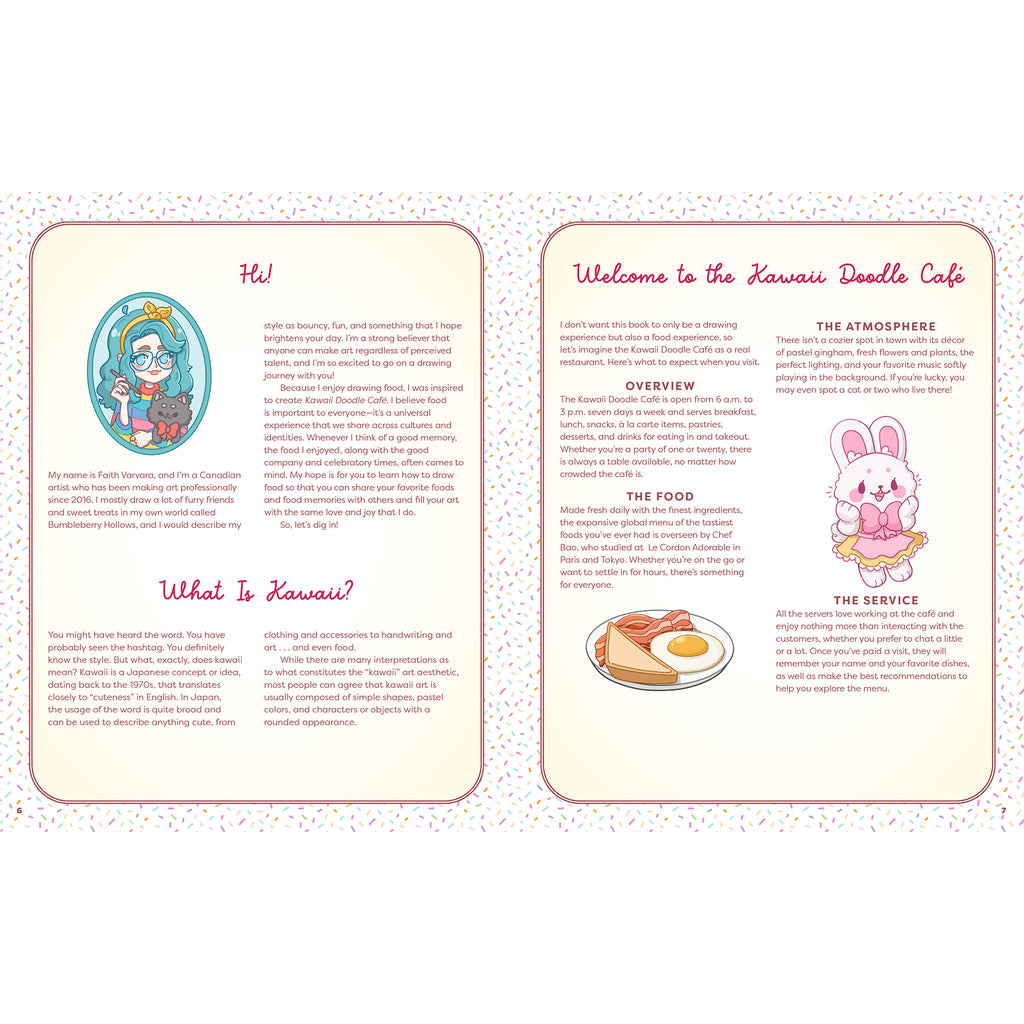 Quarto Kawaii Doodle Cafe: learn to draw adorable desserts, snacks, drinks and more, by Faith Varvara, paperback book for kids, introduction sample page.