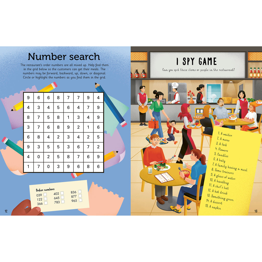 Quarto At the Restaurant Kids Activity Book number search and i spy game sample pages.