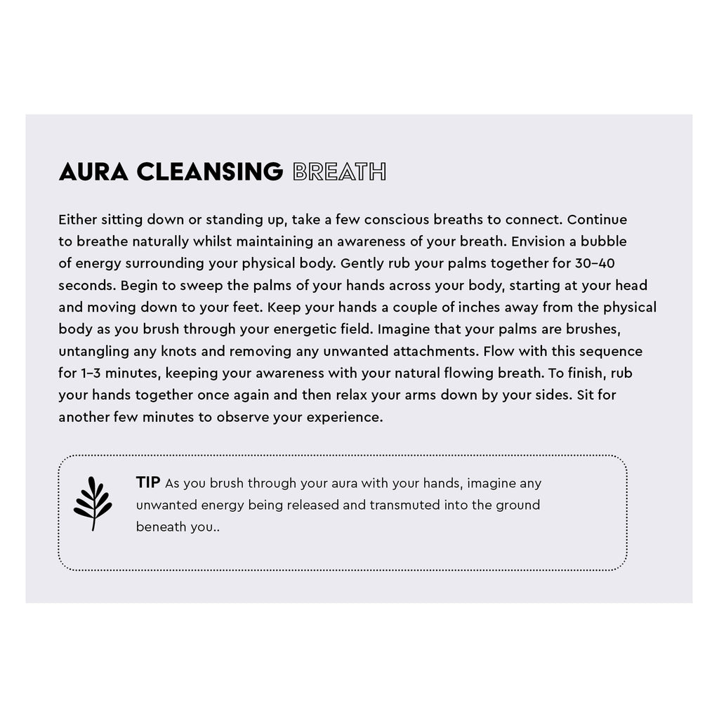 Quarto Breath Practice Cards: 50 breathwork meditations for mind, body and self; instructions for aura cleansing breath on a light purple card.