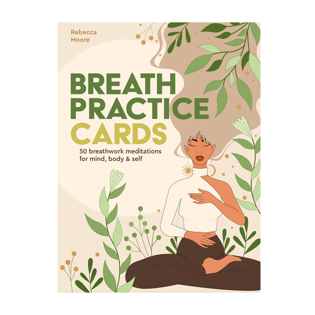 Quarto Breath Practice Cards: 50 breathwork meditations for mind, body and self, front of box packaging with an illustration of a woman in lotus position with plants and leaves around her.