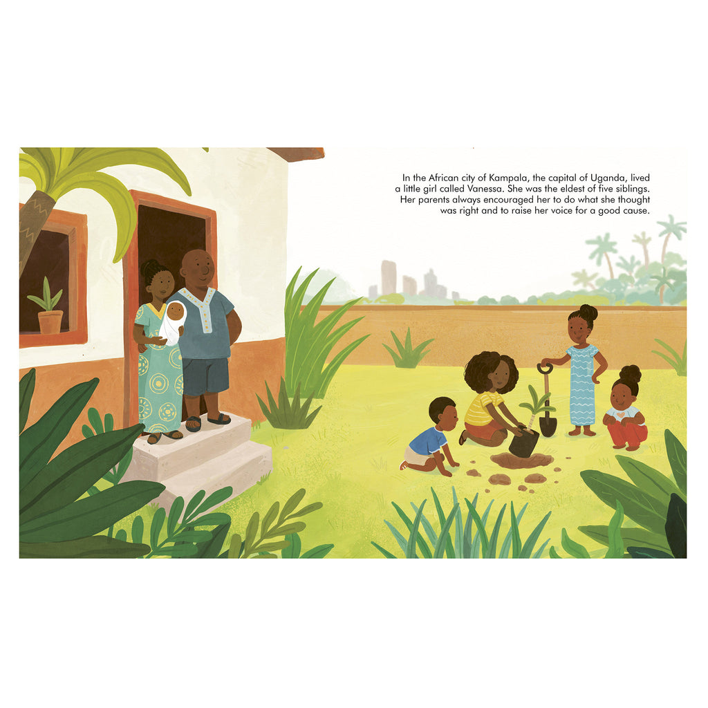 Quarto Little People, Big Dreams series Vanessa Nakate, Ugandan climate change activist hardcover children's picture book, sample page 1.