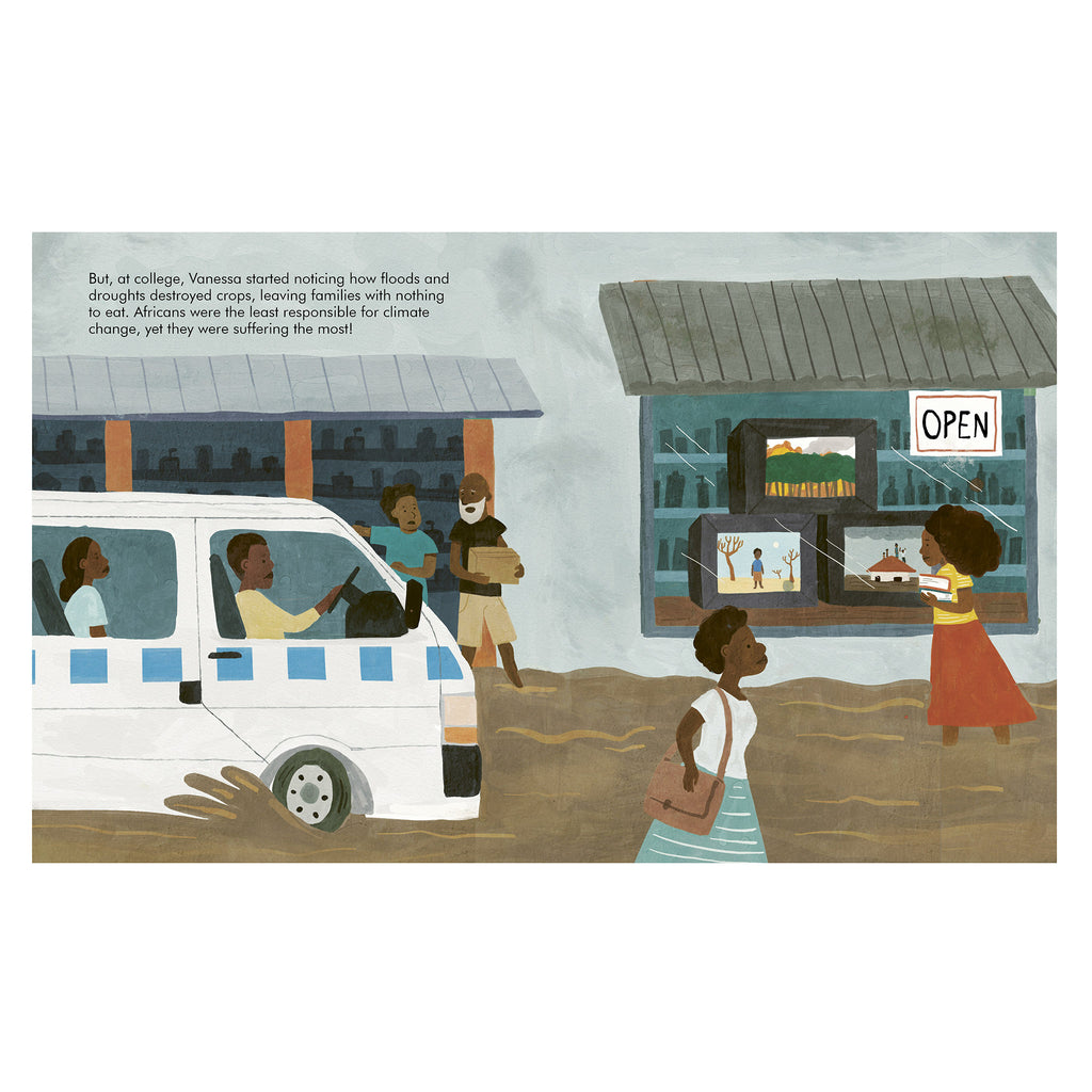 Quarto Little People, Big Dreams series Vanessa Nakate, Ugandan climate change activist hardcover children's picture book, sample page 3.