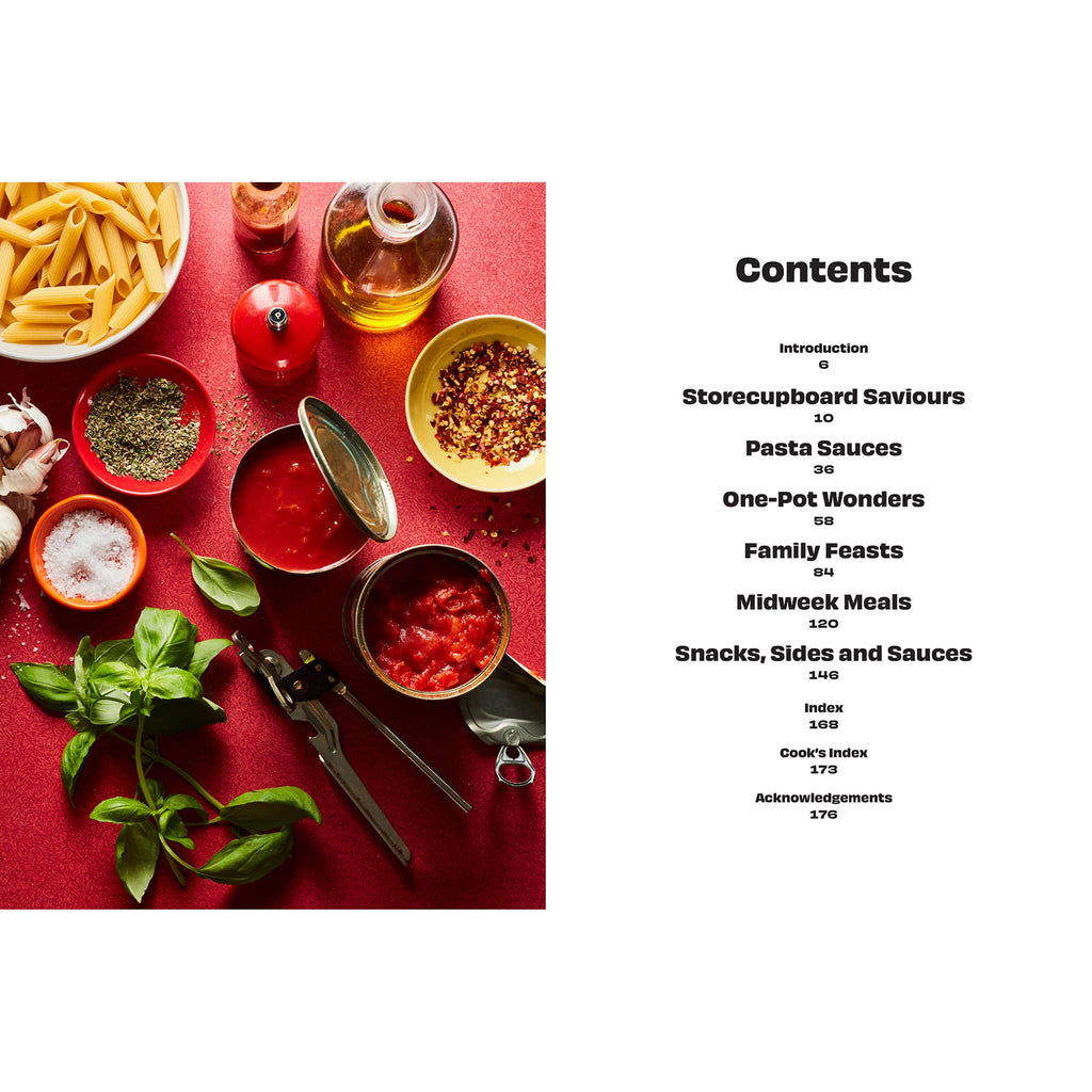 Table of contents for a The Tinned Tomatoes Cookbook with food images on a red background.