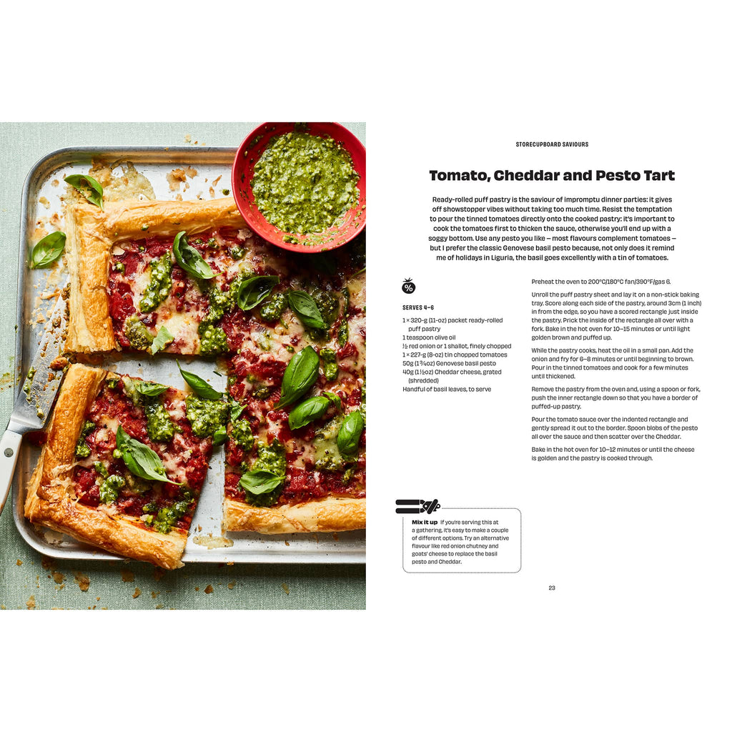 Tomato, Cheddar, and Pesto Tart on a baking tray with a side of pesto with recipe on facing page.