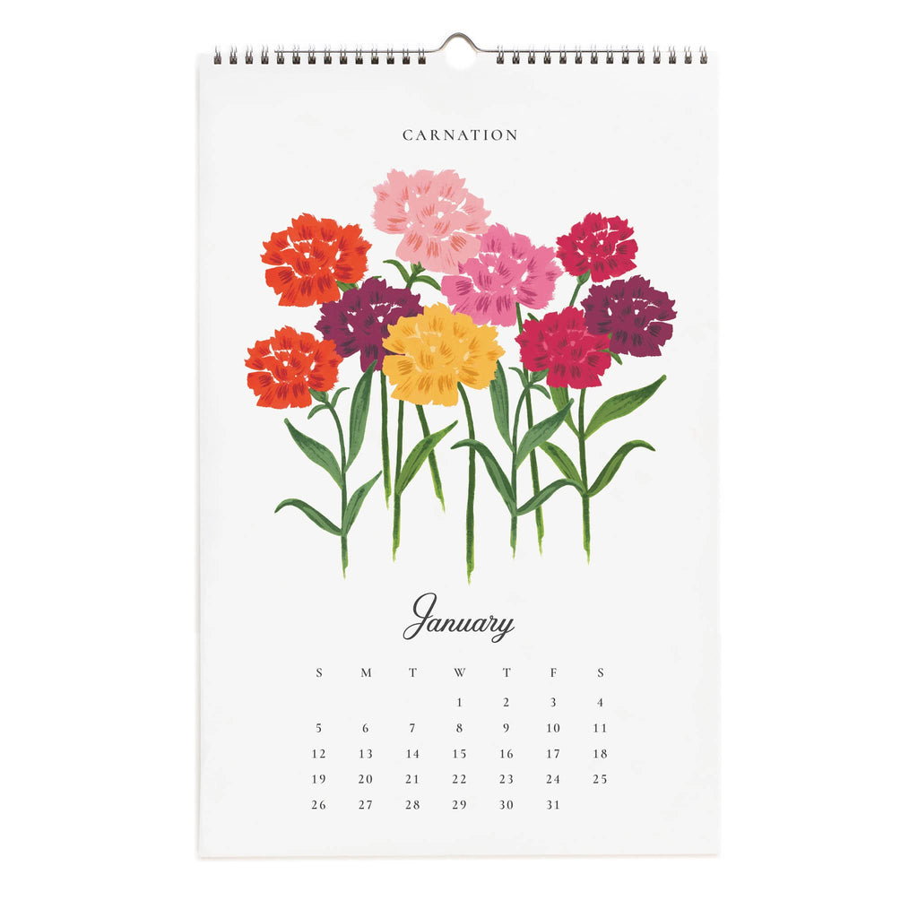 Rifle Paper Co. 2025 Say it With Flowers wall calendar, January carnations.