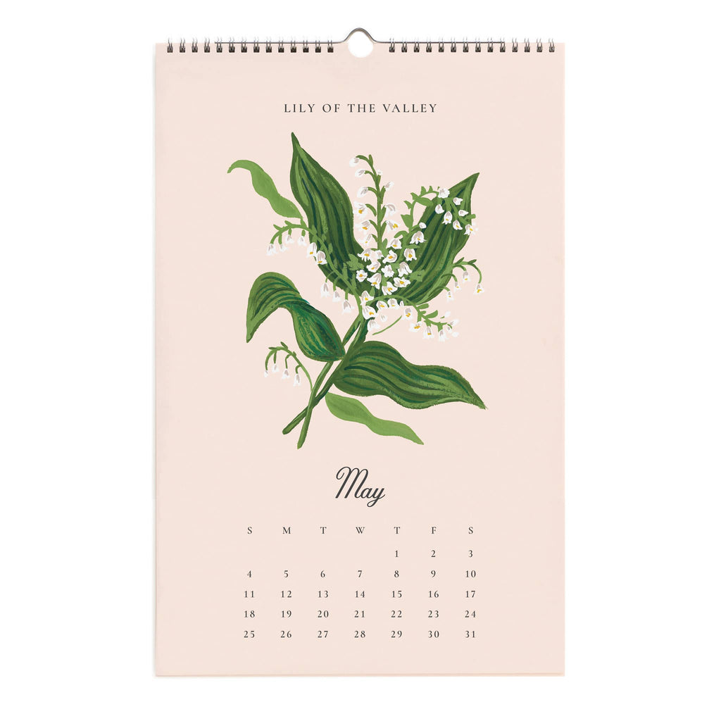 Rifle Paper Co. 2025 Say it With Flowers wall calendar, May Lily of the Valley.