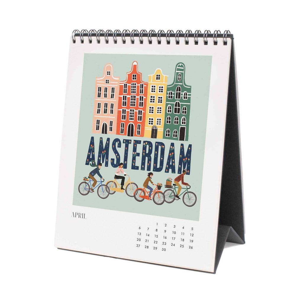 Rifle Paper Co. 2025 Greetings from Around the World illustrated desk calendar, april, amsterdam illustration.