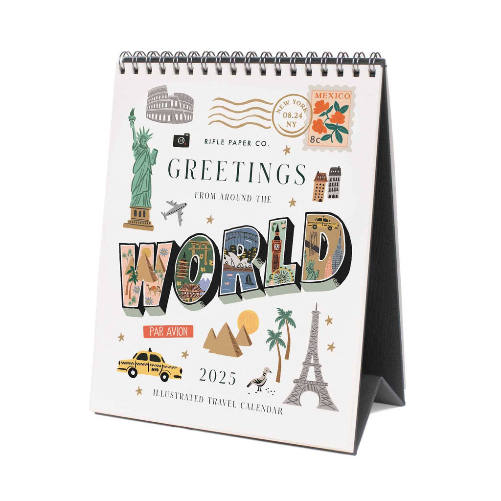 Rifle Paper Co. 2025 Greetings from Around the World illustrated desk calendar, front cover.