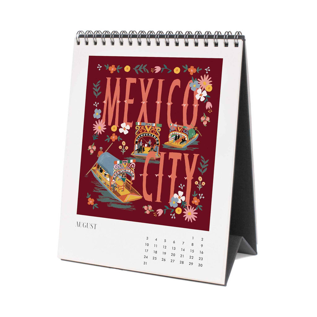 Rifle Paper Co. 2025 Greetings from Around the World illustrated desk calendar, august, mexico city illustration.