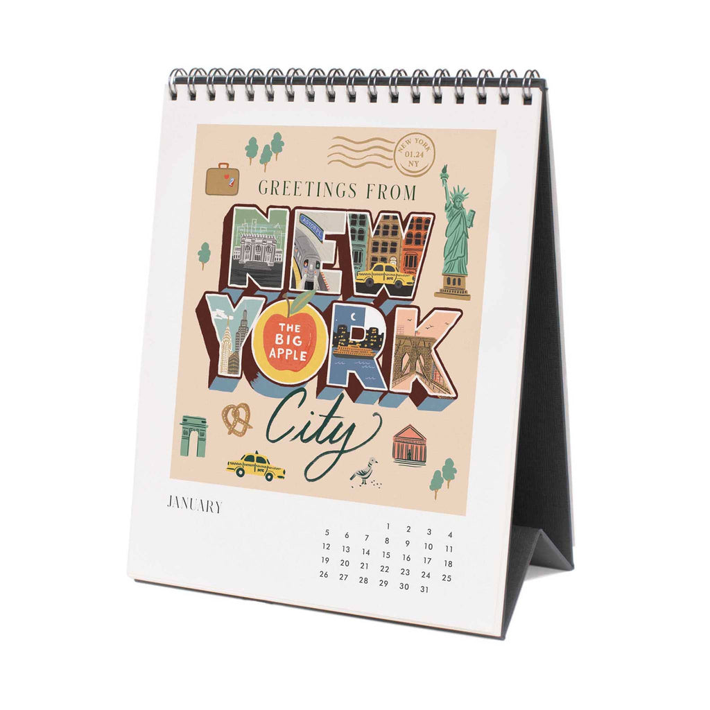 Rifle Paper Co. 2025 Greetings from Around the World illustrated desk calendar, january, new york city illustration.