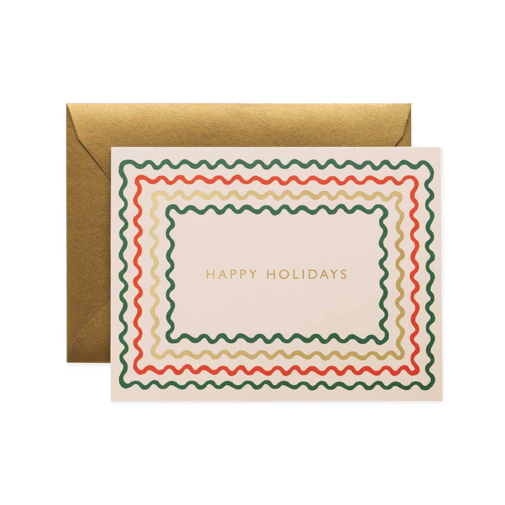 Rifle Paper Co. Holiday Ribbons christmas greeting card with gold envelope.