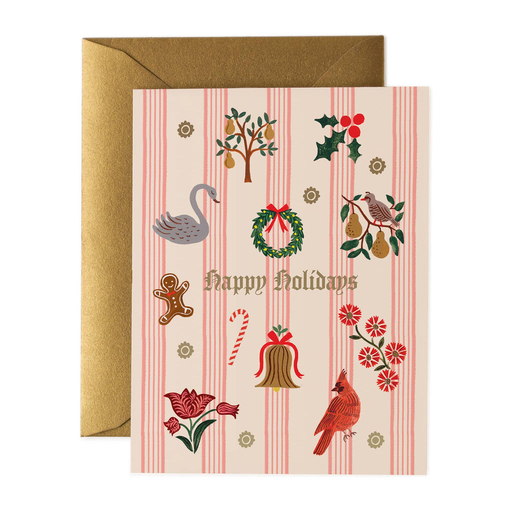 Christmas-themed card with illustrations and 'Happy Holidays' text on a striped background.