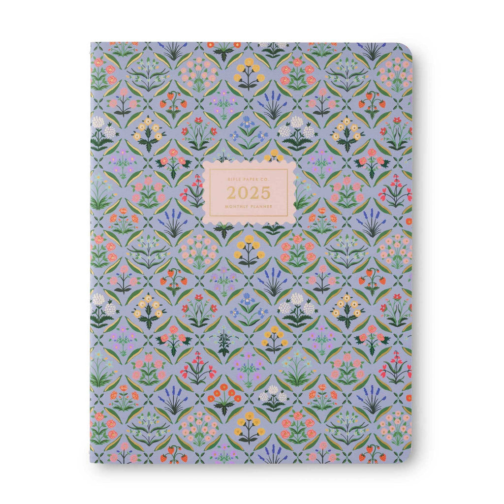 Rifle Paper Co. Estee 12-Month Appointment Notebook, front cover with floral print on blue background.