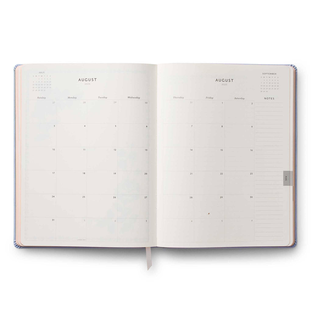 Rifle Paper Co. 2025 English Rose 12-Month Book-bound planner, August monthly view.