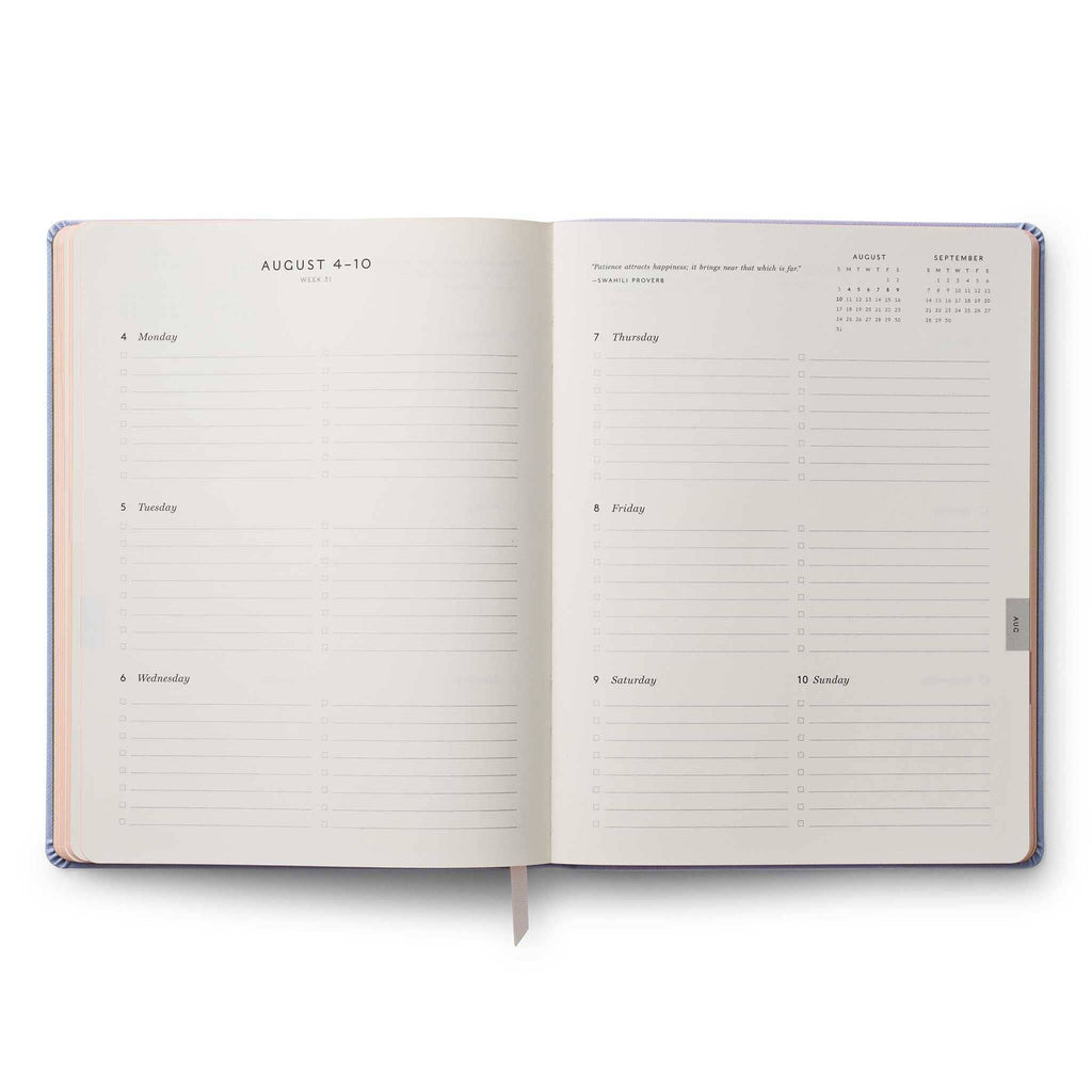 Rifle Paper Co. 2025 English Rose 12-Month Book-bound planner, August 4-10 weekly view.