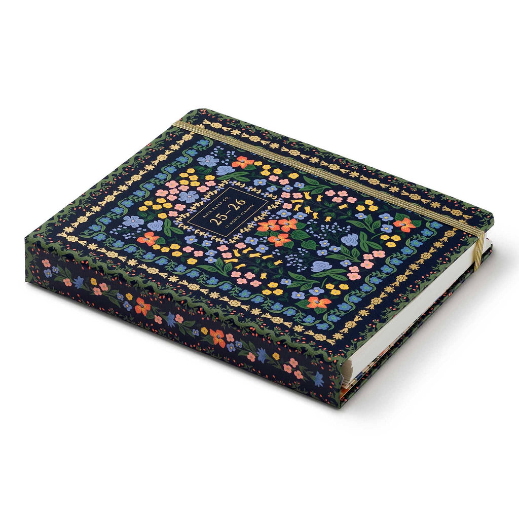 Rifle Paper Co. Wildwood 2025-2026 Academic Planner, side and front view, on a white background.