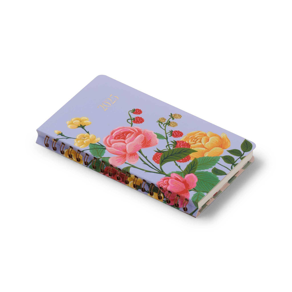 Rifle Paper Co. Roses 12-Month spiral bound pocket planner, front and side view.