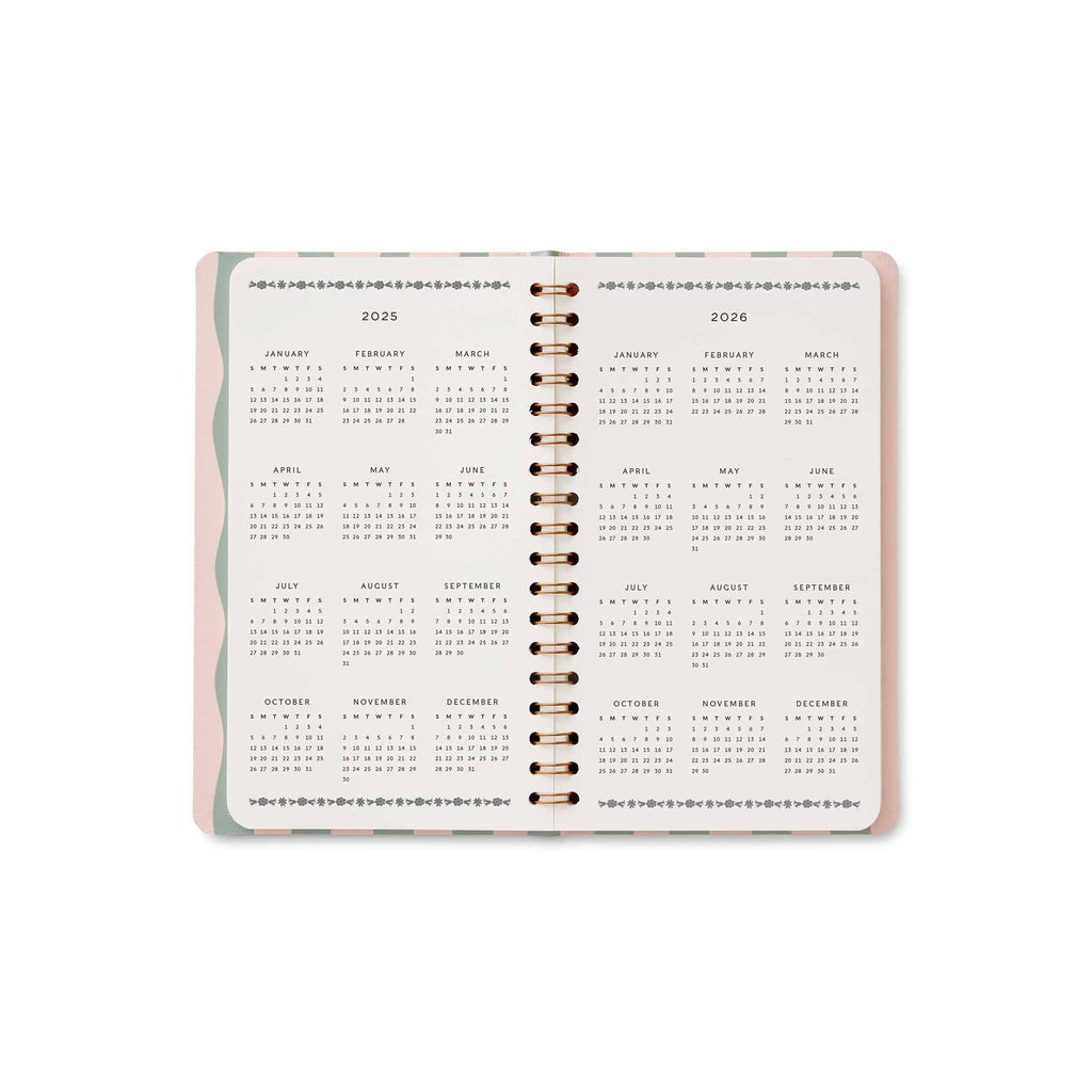 Rifle Paper Co. Roses 12-Month spiral bound pocket planner, 2025-2026 year overview.