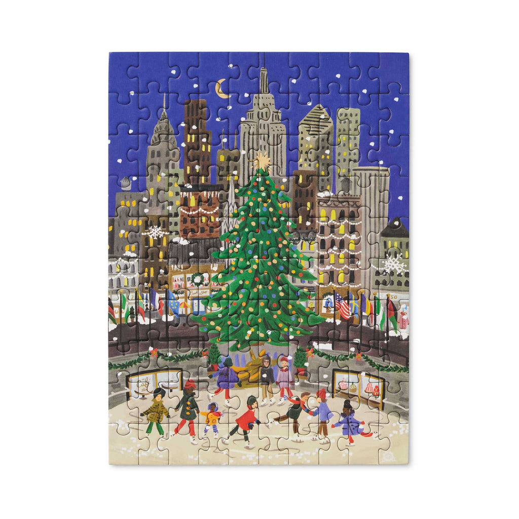 Rifle Paper Co. 100 Piece Holiday on Ice mini jigsaw puzzle, completed.